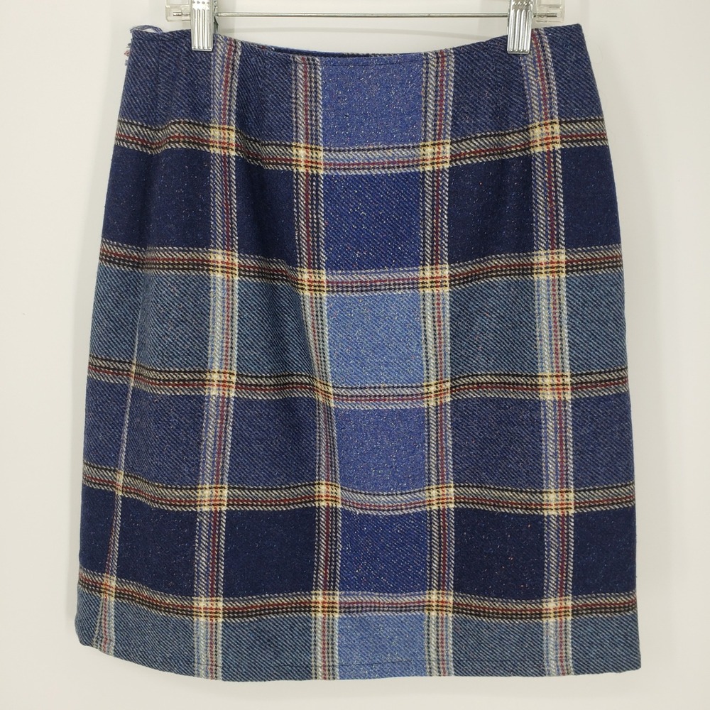 Vintage 90s Liz Claiborne Plaid Wool Skirt Sz 4 Blue Wrap Fringe Trim Tweed Mini - Picture 2 of 8